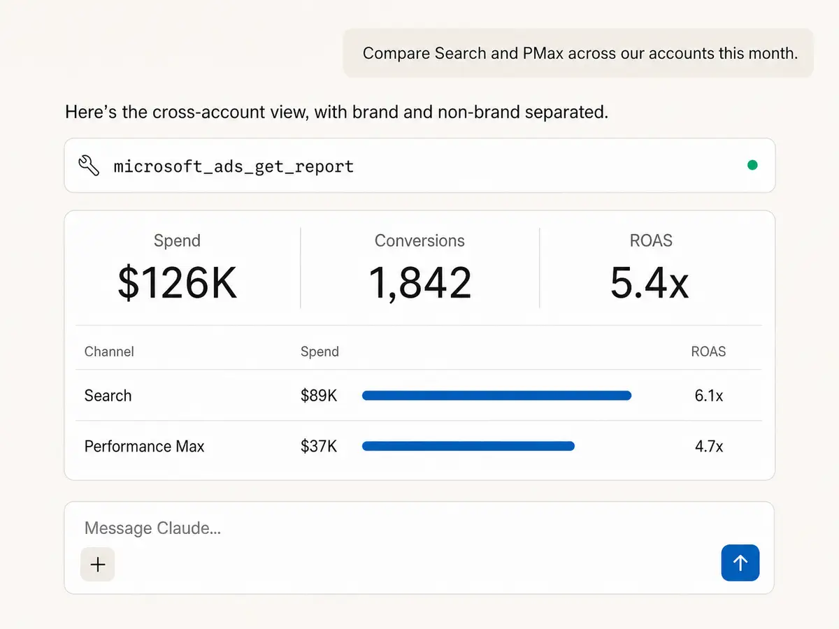 Microsoft Ads Search and Performance Max report across accounts inside Claude using Markifact MCP