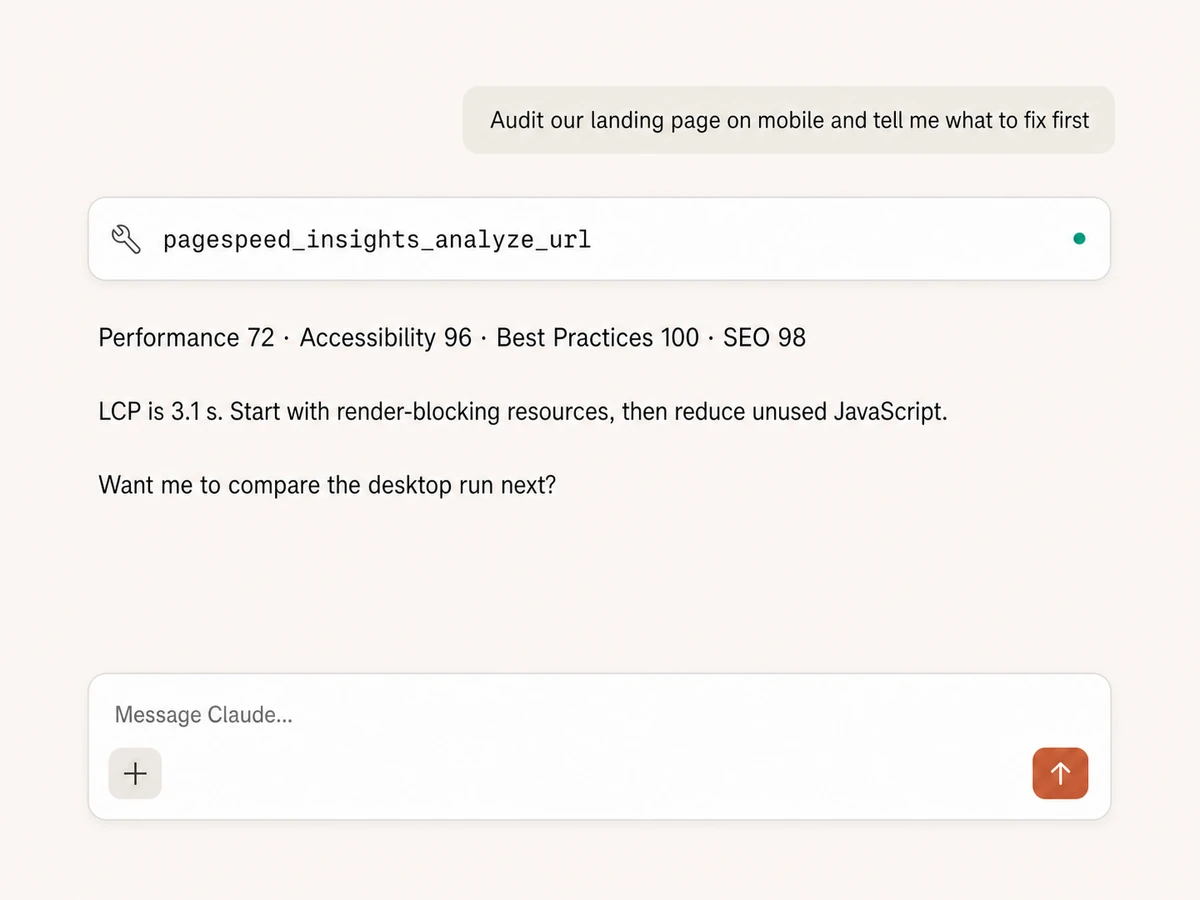 Claude running a mobile PageSpeed Insights audit and prioritizing Lighthouse fixes