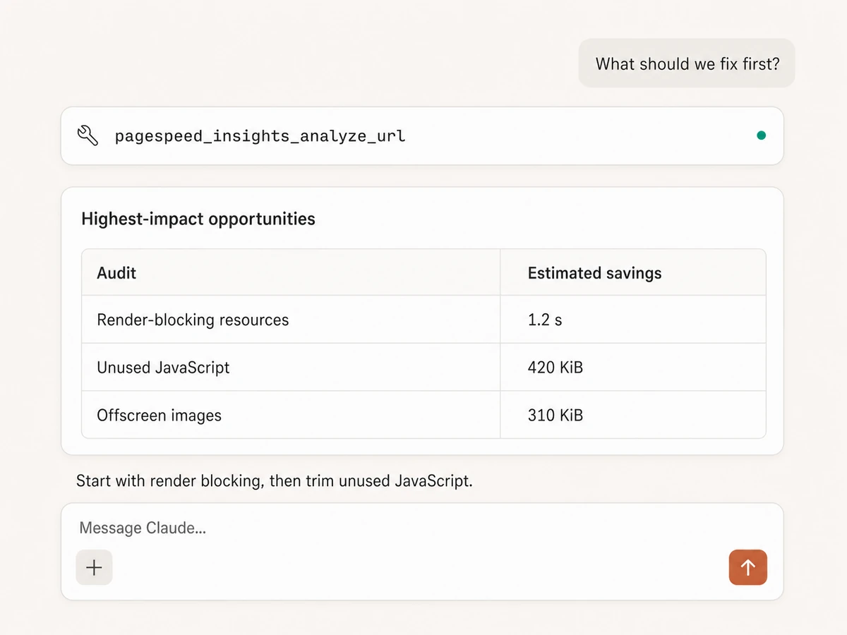 Claude prioritizing Lighthouse audit opportunities returned by PageSpeed Insights MCP