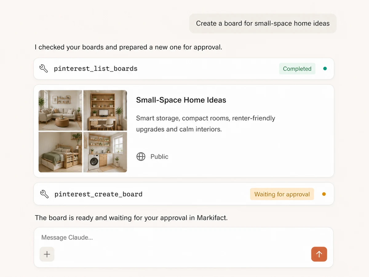 Claude listing Pinterest boards and preparing a new board for approval