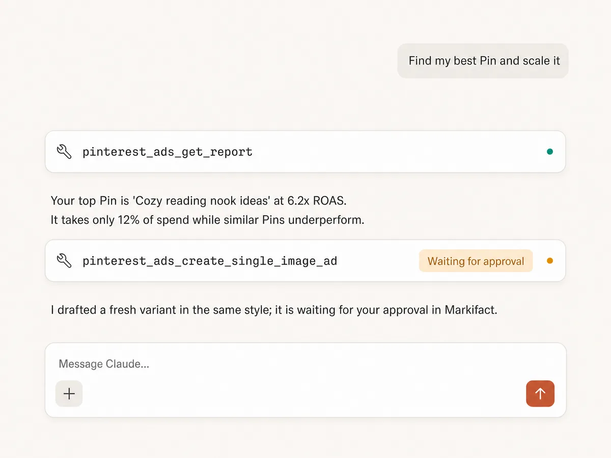 Claude conversation finding the best performing Pinterest Pin and drafting a new variant through Markifact MCP, waiting for approval