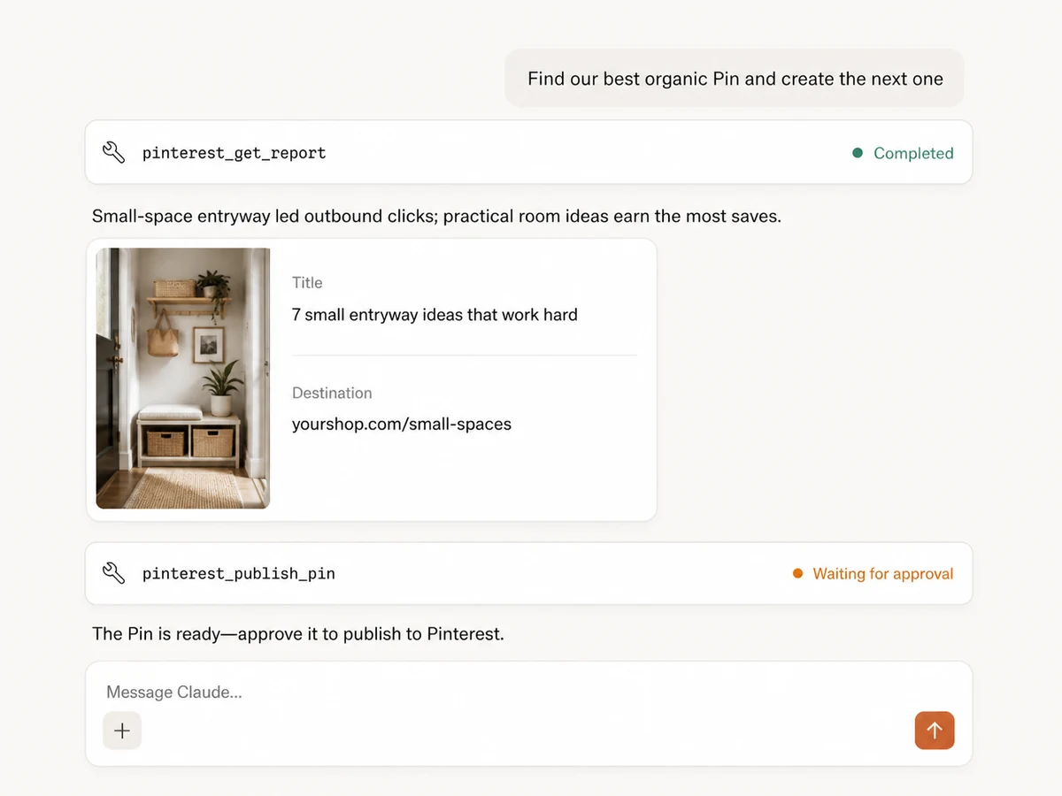 Claude reading organic Pinterest performance and preparing a Pin for approval
