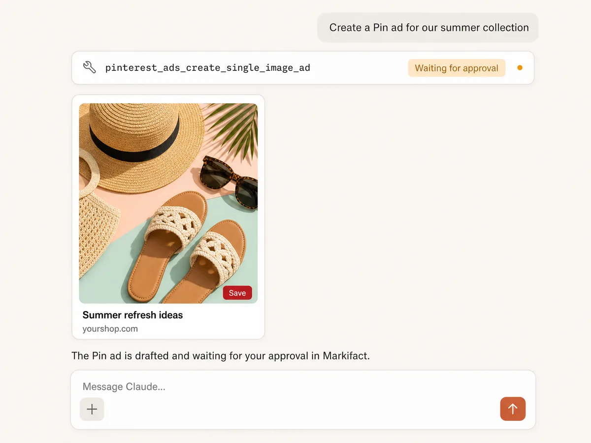 Claude drafting a Pinterest Pin ad with a summer product image, waiting for approval in Markifact