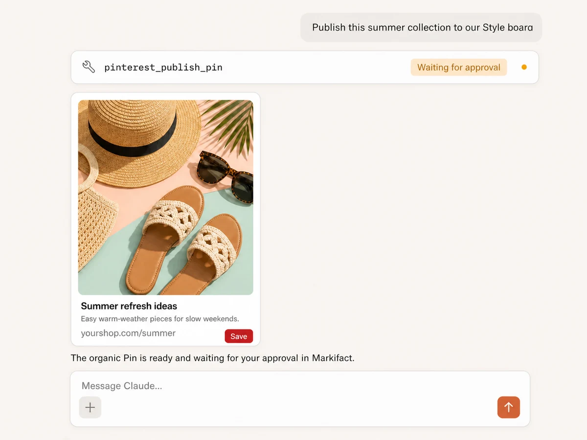 Claude preparing an organic Pinterest Pin with image, title, destination link, and approval