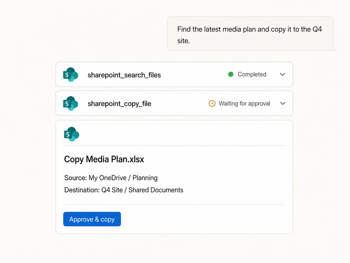 Claude finding a file in OneDrive and preparing an approval-gated copy into a SharePoint site