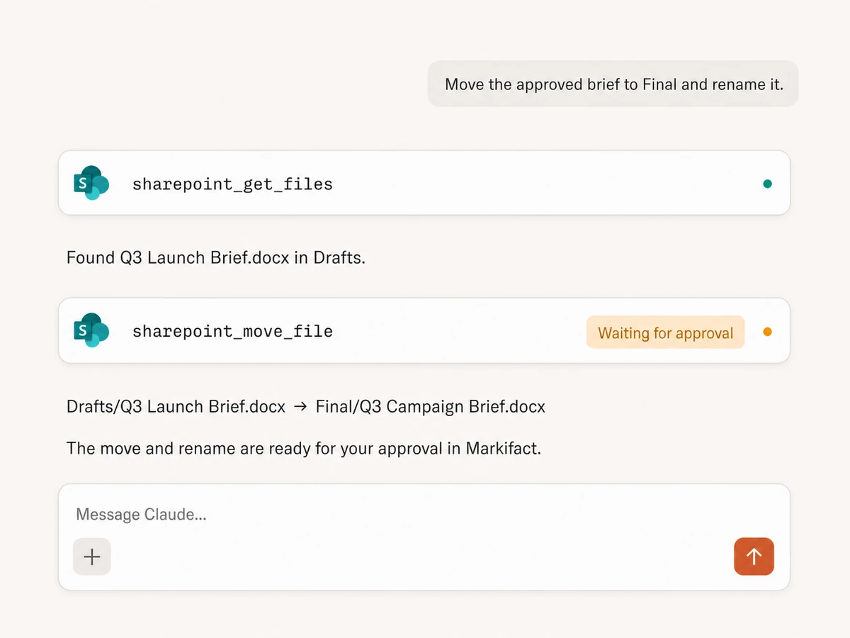 Claude preparing a SharePoint file move and rename that waits for approval in Markifact