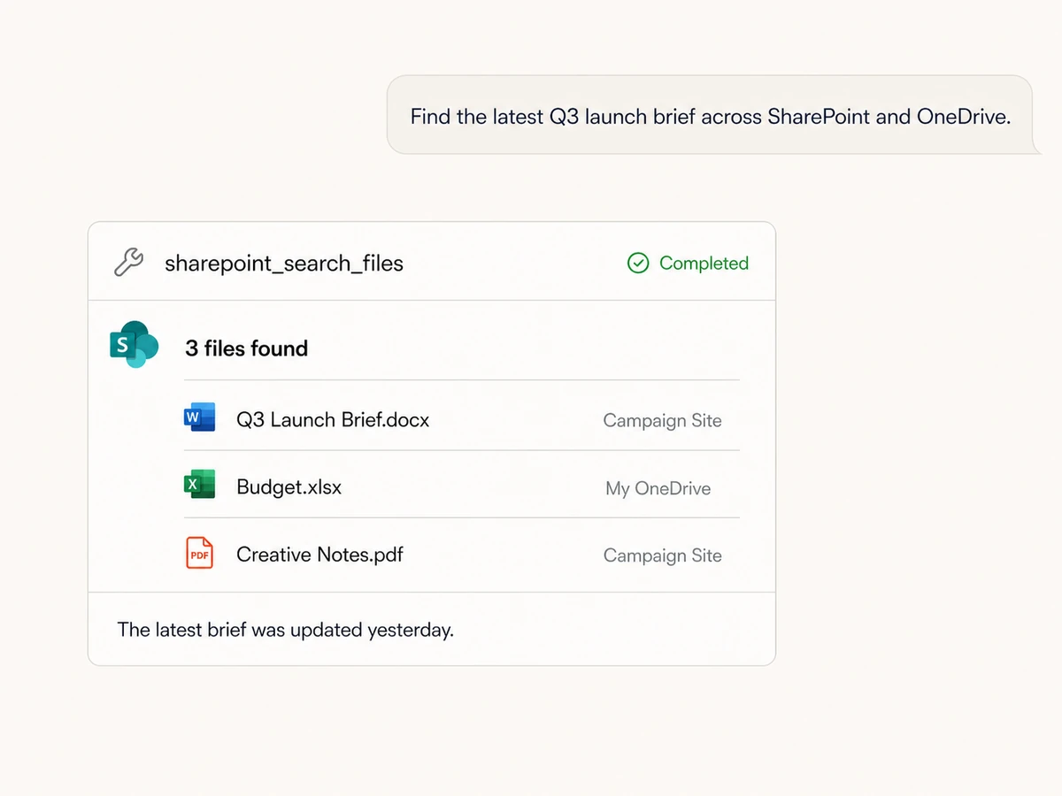 Claude searching SharePoint sites and OneDrive for the latest launch brief through Markifact MCP