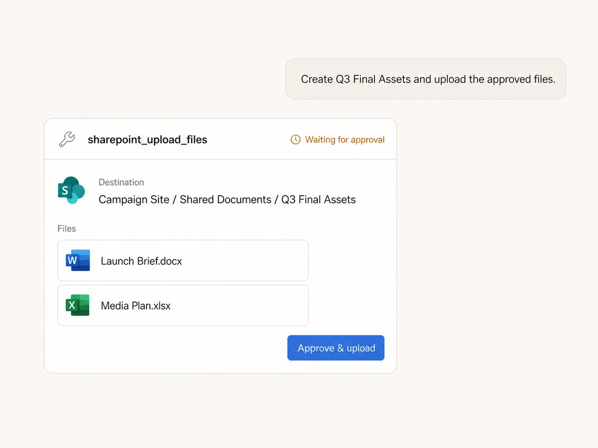 Claude preparing an approval-gated upload to a SharePoint document library through Markifact MCP