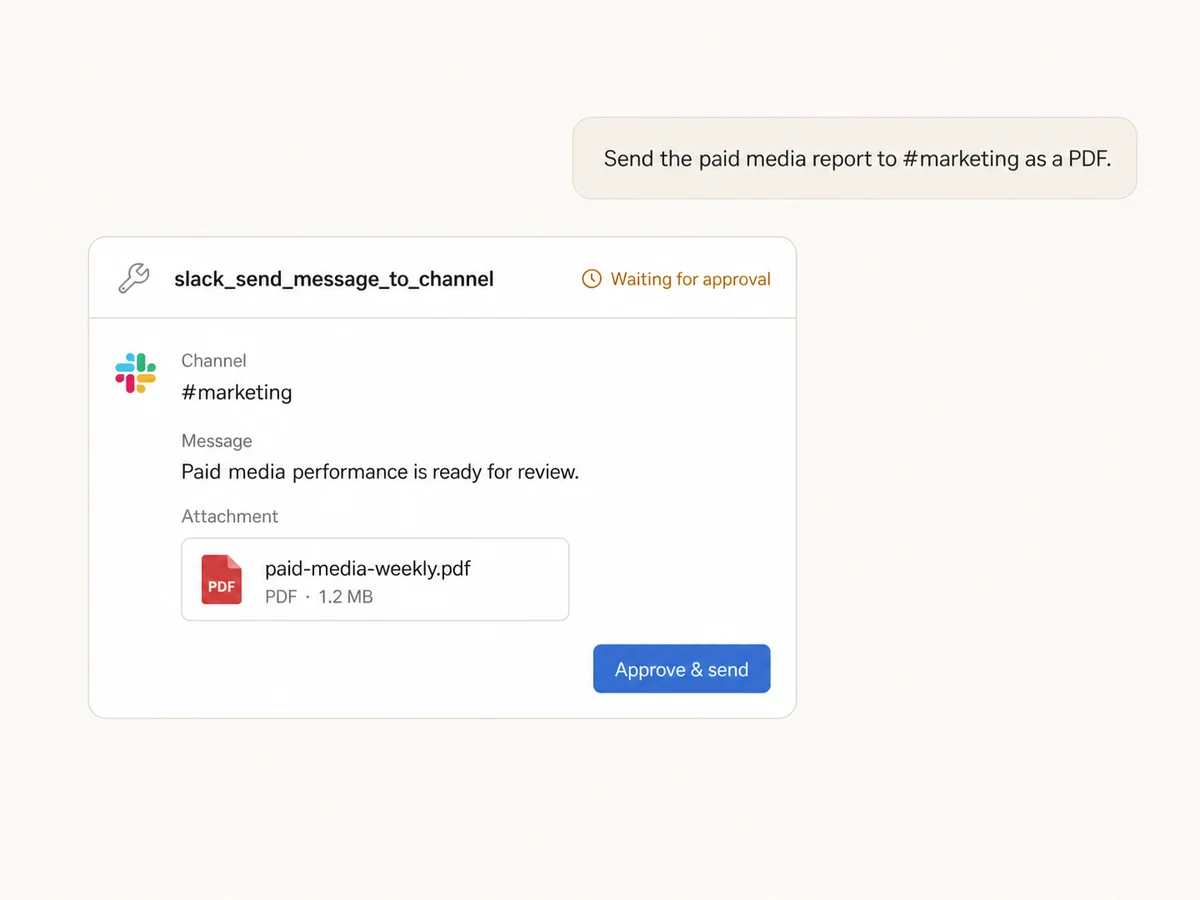 Claude preparing a paid media PDF attachment for a Slack marketing channel