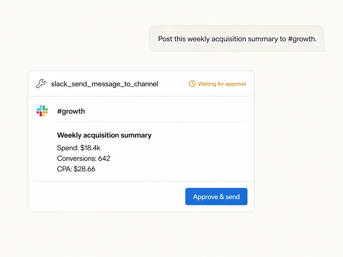 Claude preparing an approval-gated weekly acquisition summary for a Slack channel