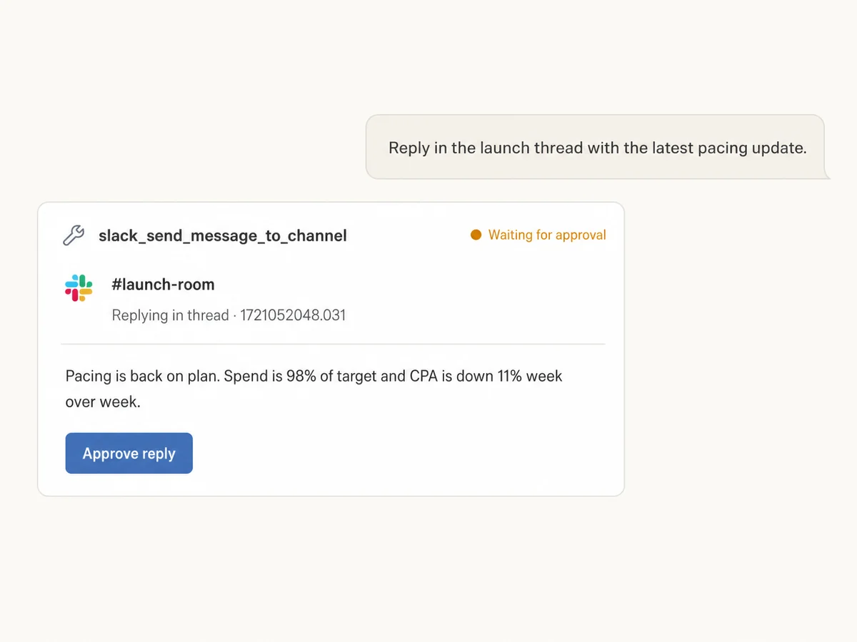 Claude preparing a Slack thread reply with a campaign pacing update