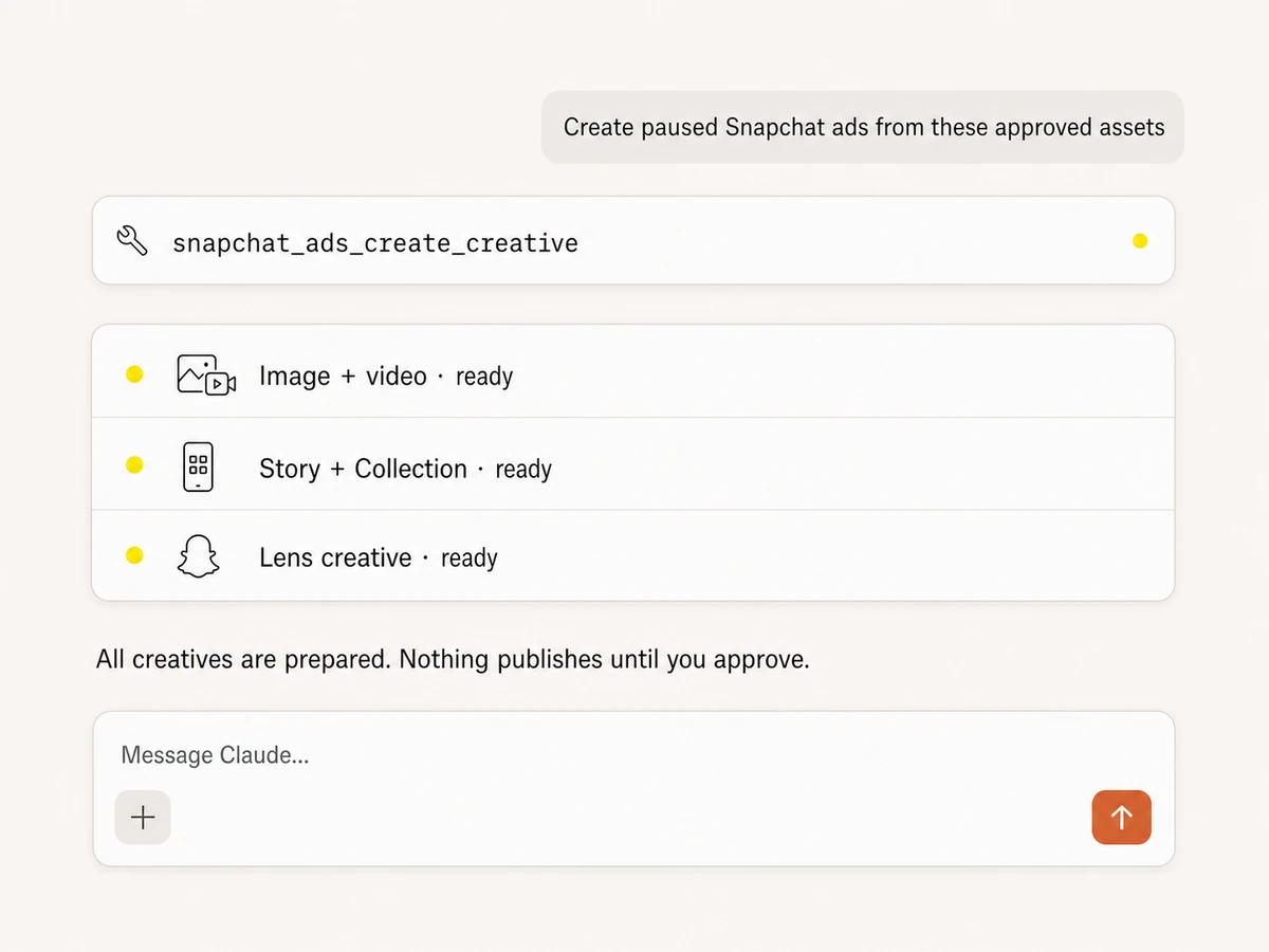 Claude preparing Snapchat image, video, Story, Collection, and Lens creatives through Markifact MCP