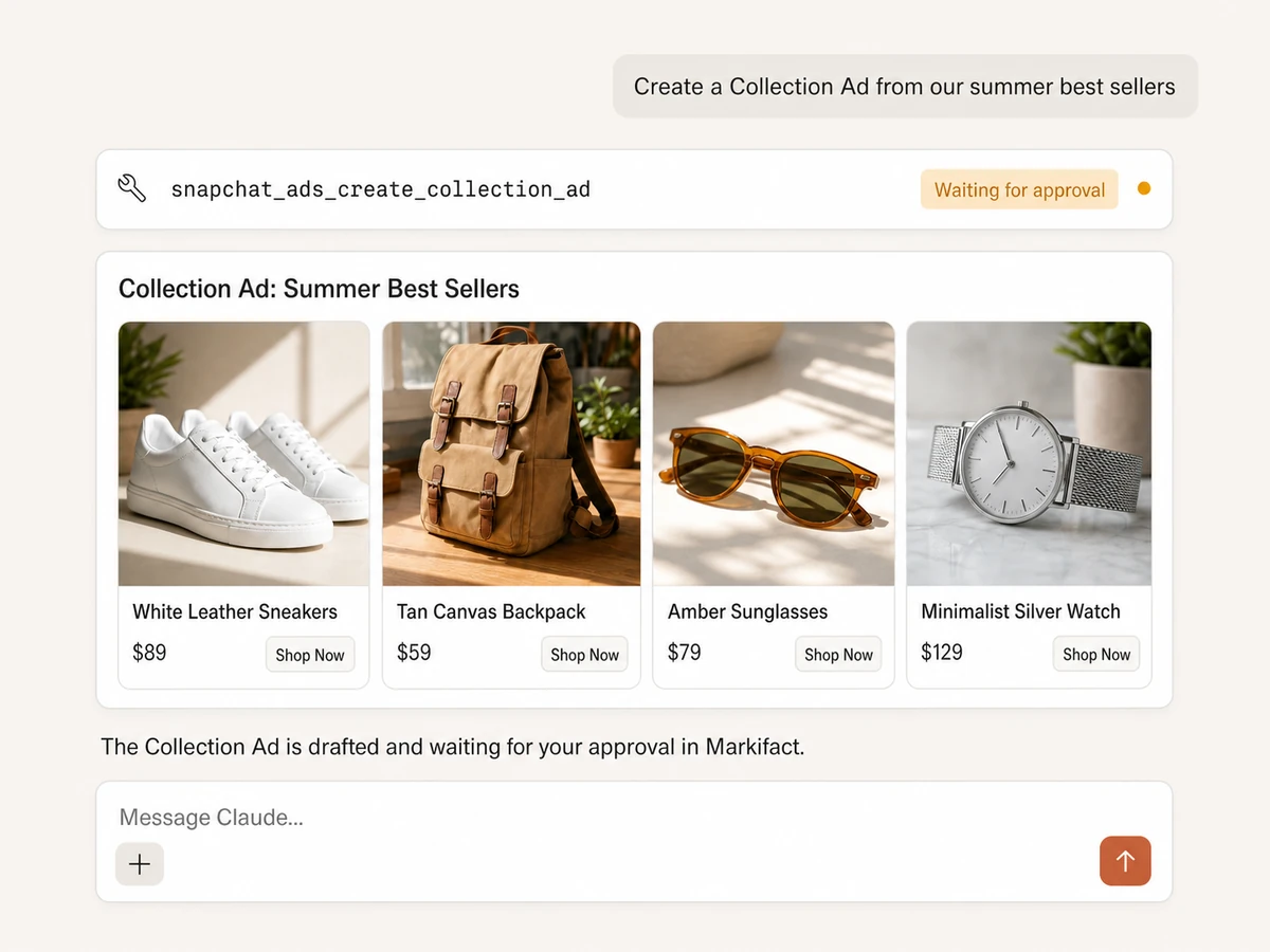 Claude preparing a Snapchat Collection Ad with four product cards and waiting for approval through Markifact MCP