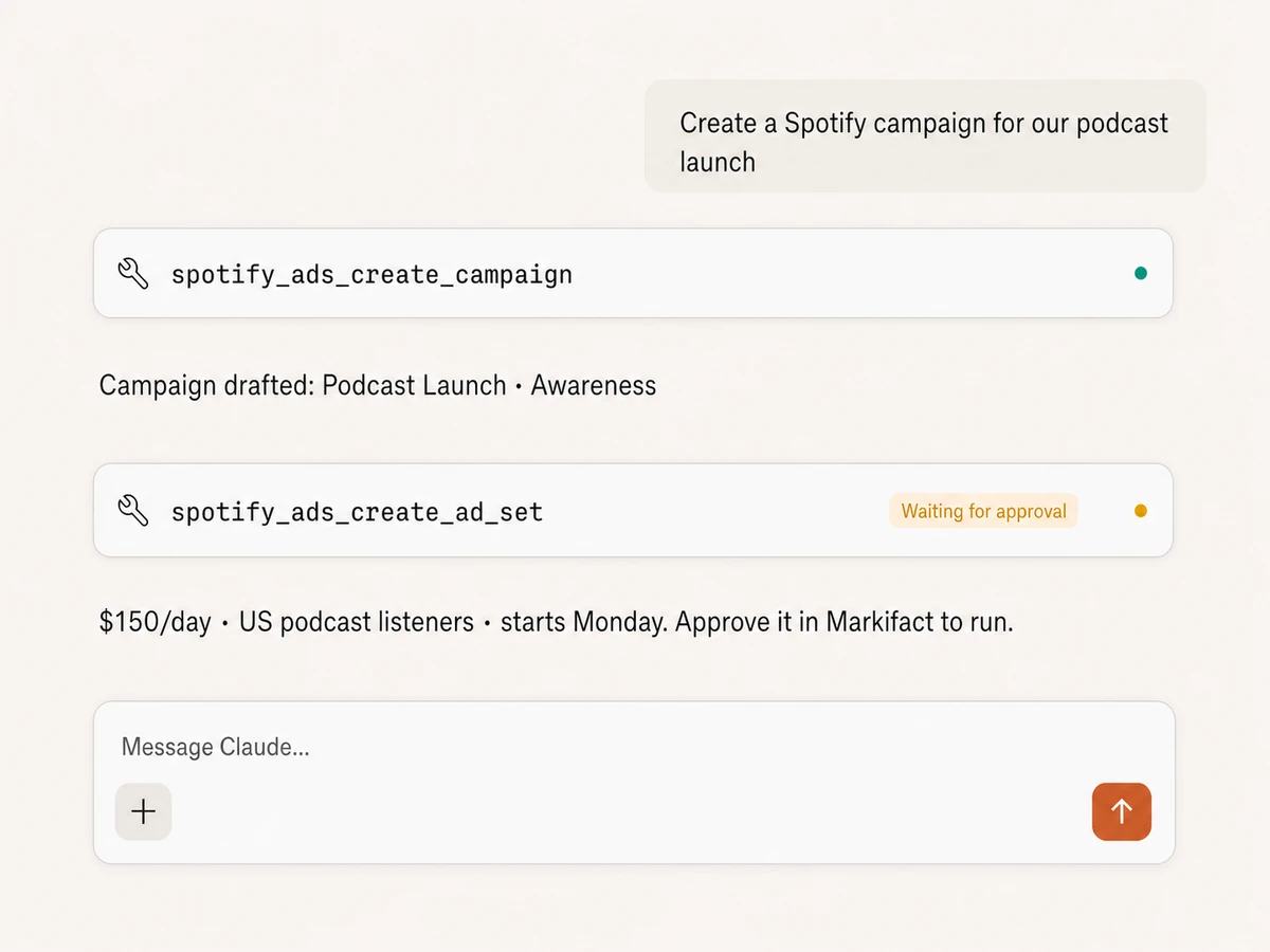 Claude creating a Spotify Ads campaign and approval-gated ad set through Markifact MCP