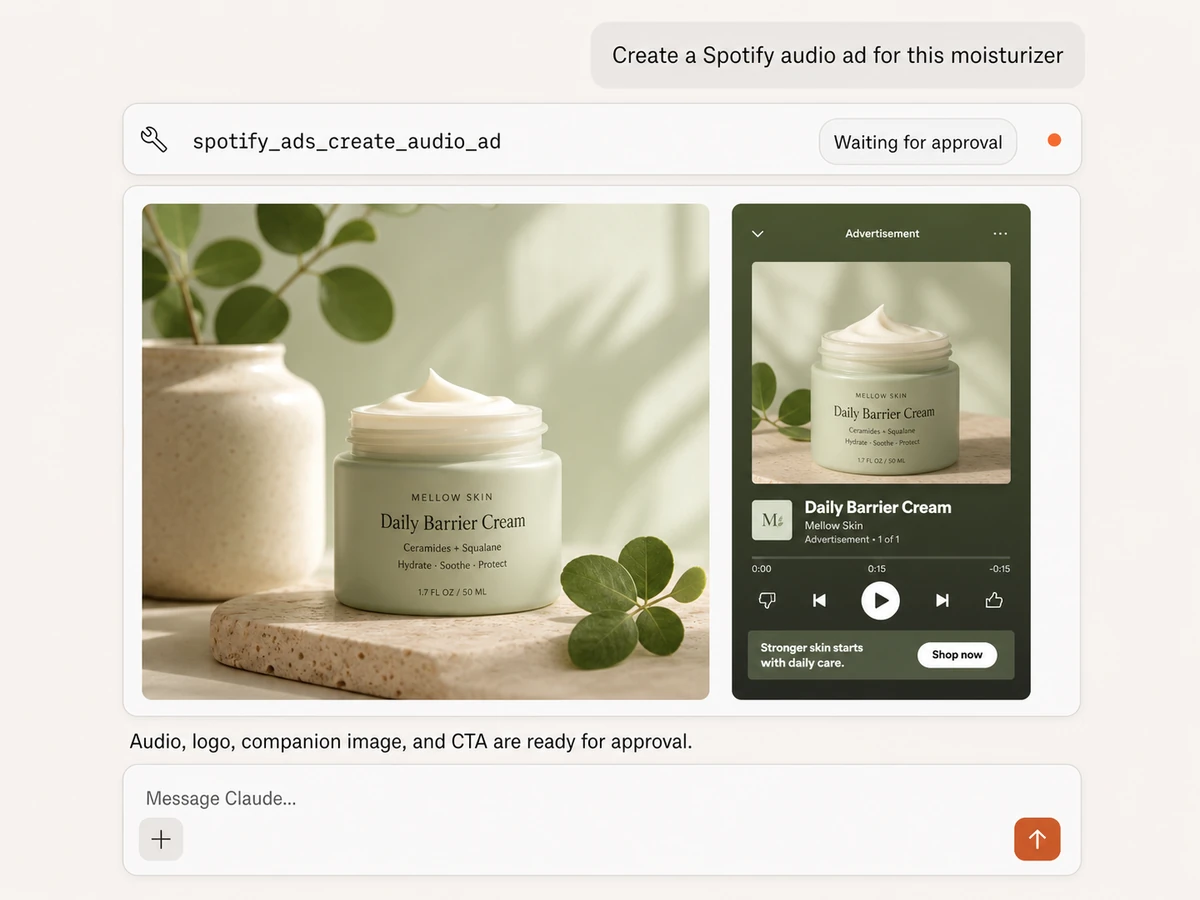 Claude preparing an approval-gated Spotify audio ad with a skincare product visual and Spotify Now Playing preview