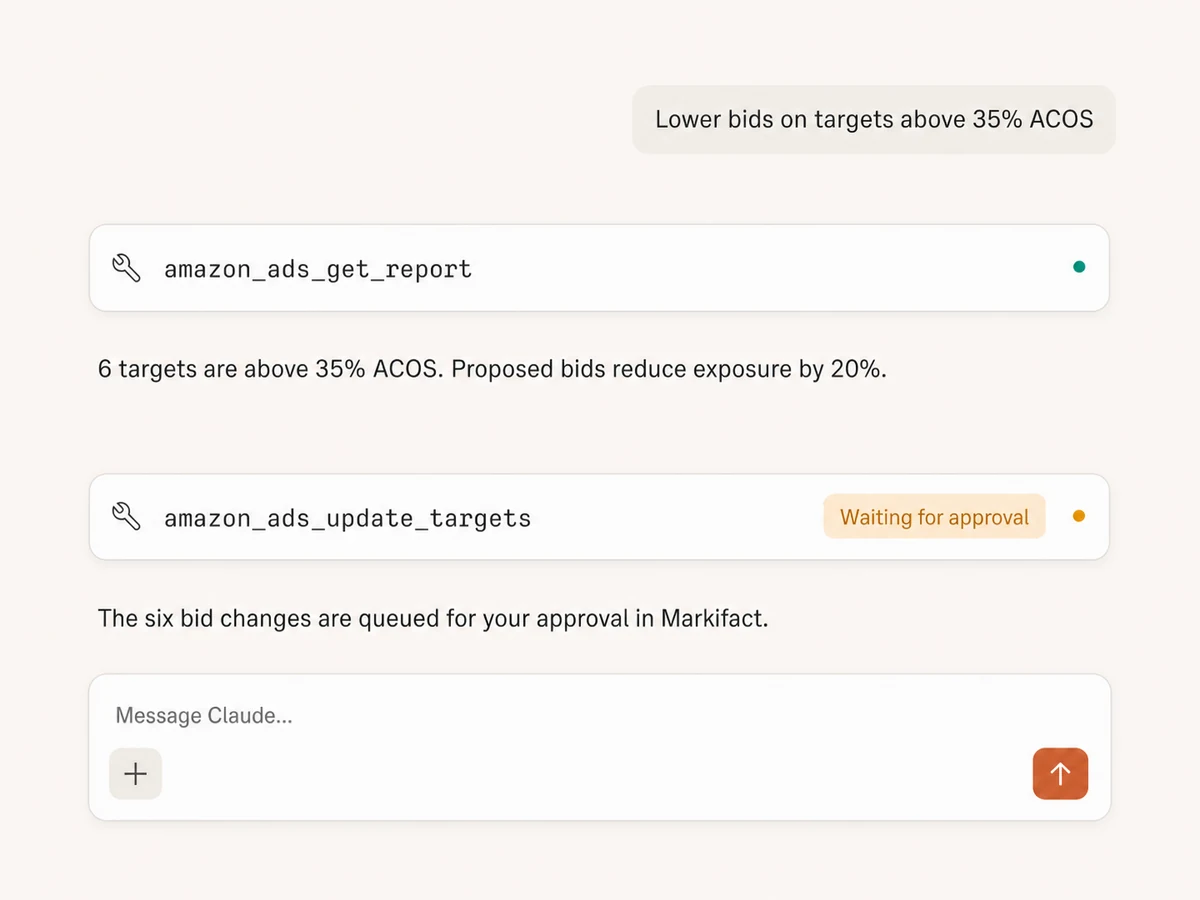 Claude reporting on Amazon target ACOS and preparing bid updates for approval