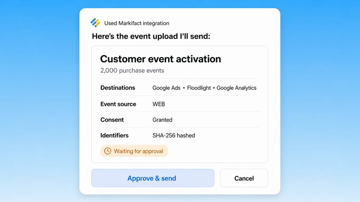 A Google Data Manager event upload waiting for approval in Markifact