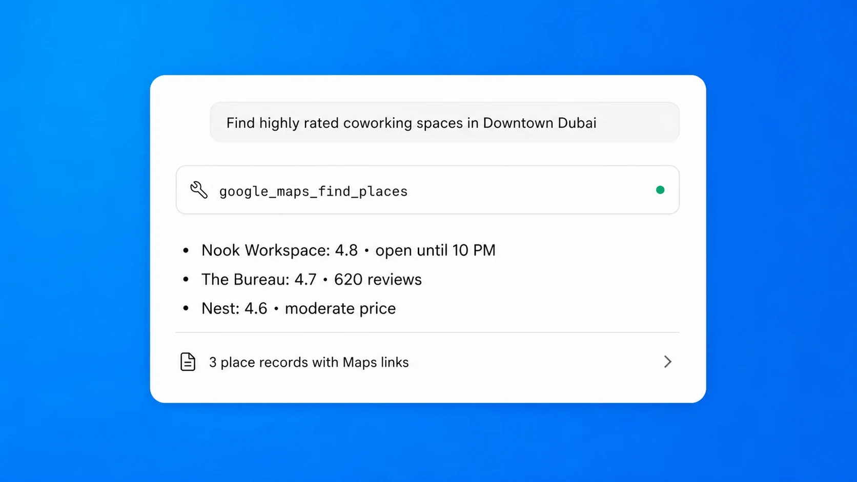 Claude finding coworking spaces with Google Maps MCP