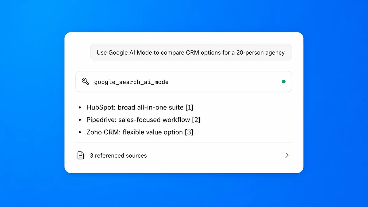 Claude using Google AI Mode to compare CRM options with referenced sources