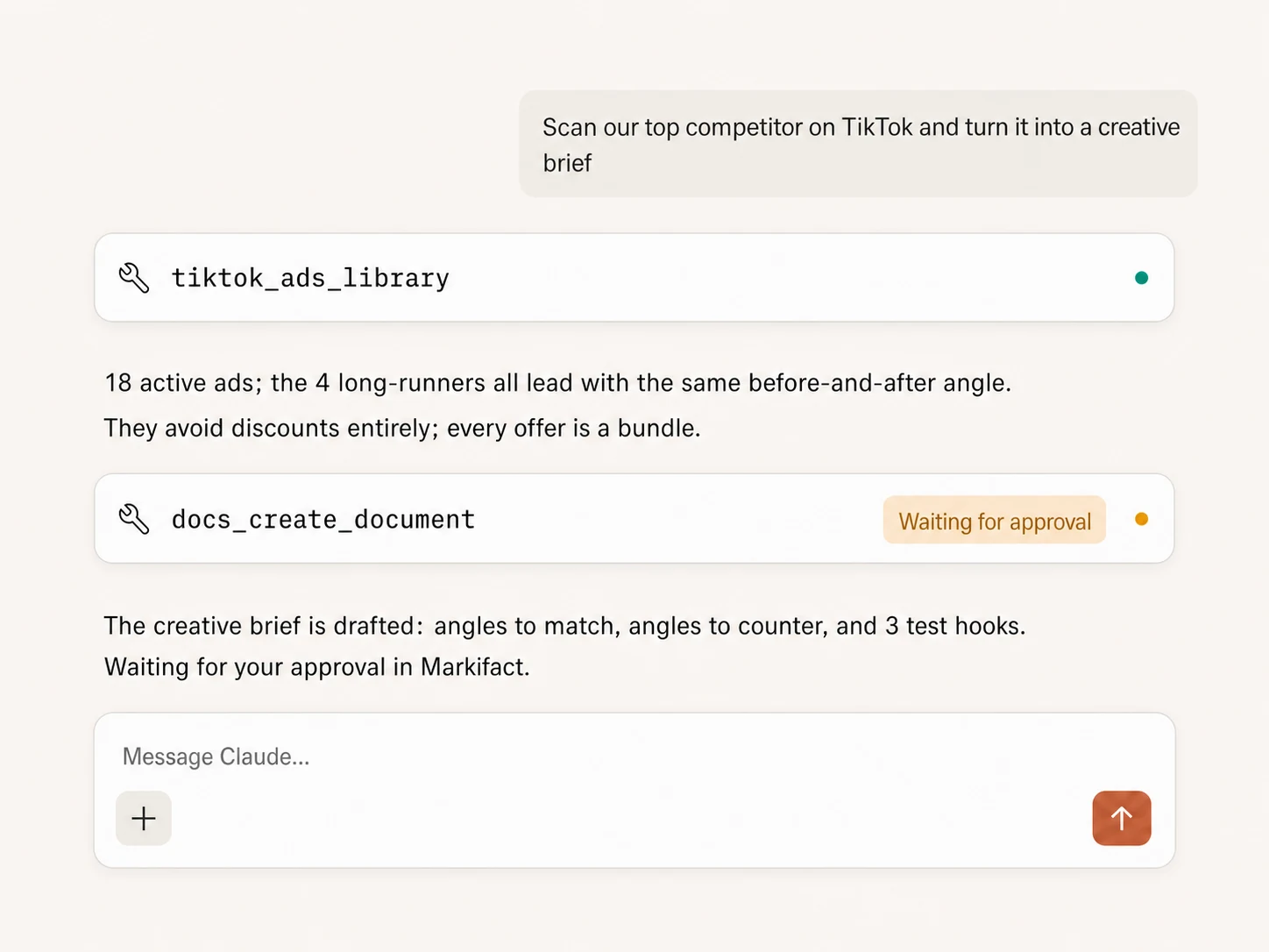 Claude scanning TikTok Ads Library and drafting an approval-gated creative brief