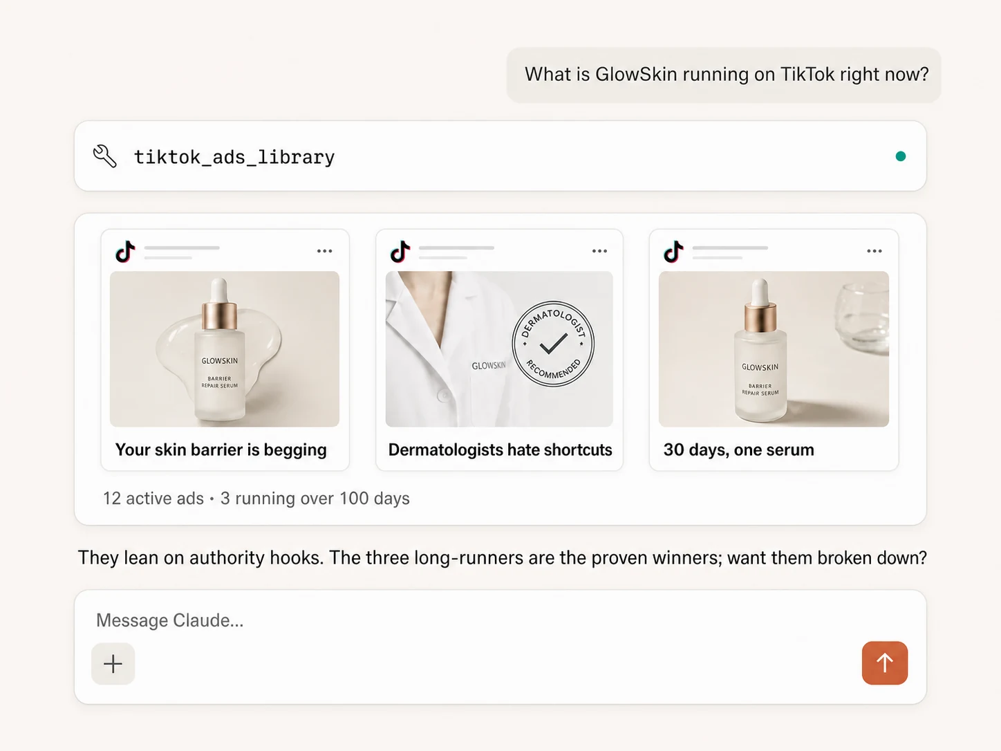 Claude searching TikTok Ads Library for a competitor and returning active ads and hooks