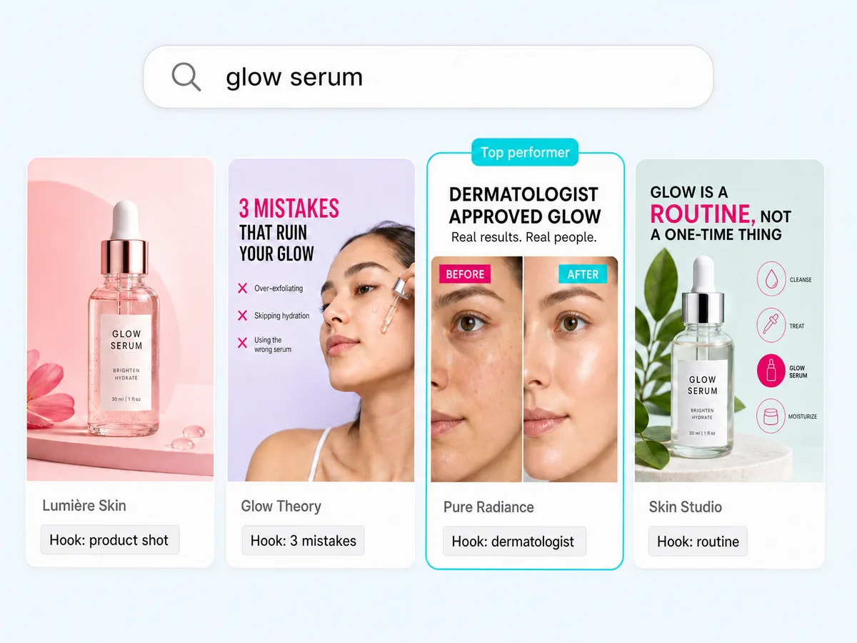 TikTok Ads Library search for glow serum showing competitor ads and the hooks they use