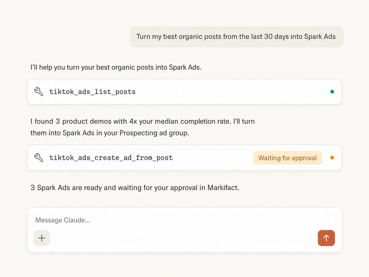Claude conversation turning organic TikTok posts into Spark Ads through Markifact MCP, with the create ad operation waiting for approval