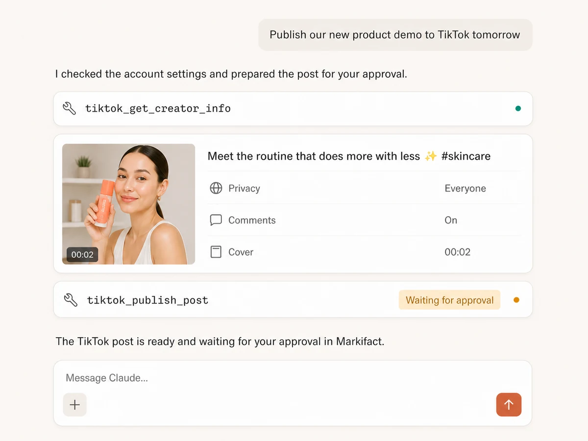 Claude preparing an organic TikTok video post with caption, privacy, comments, cover, and approval