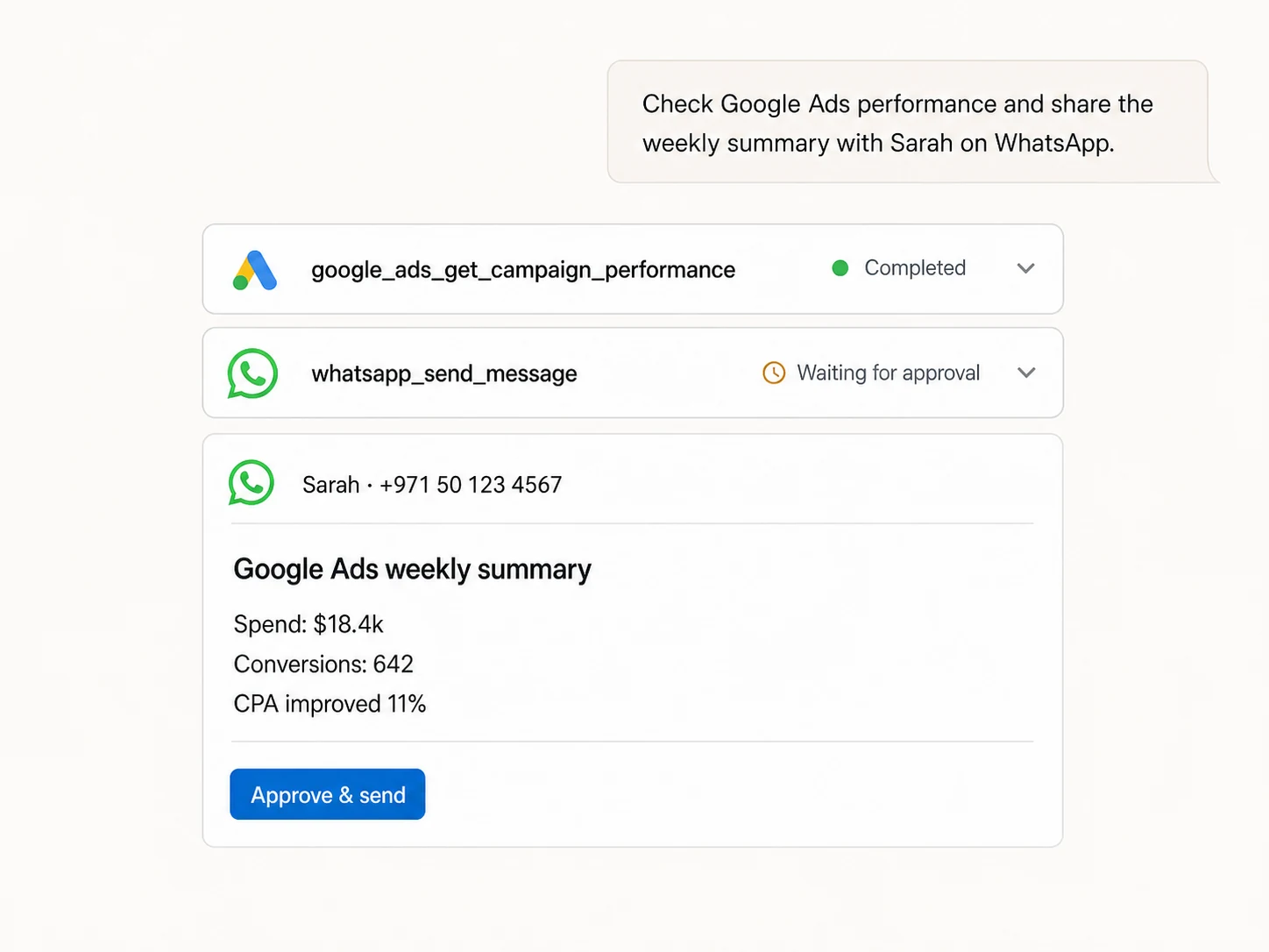 Claude retrieving Google Ads performance and preparing a WhatsApp summary