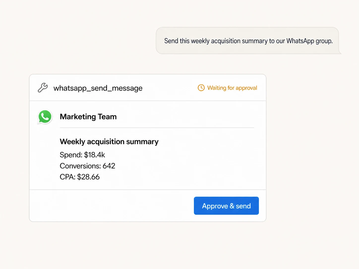 Claude preparing a WhatsApp marketing summary and waiting for approval