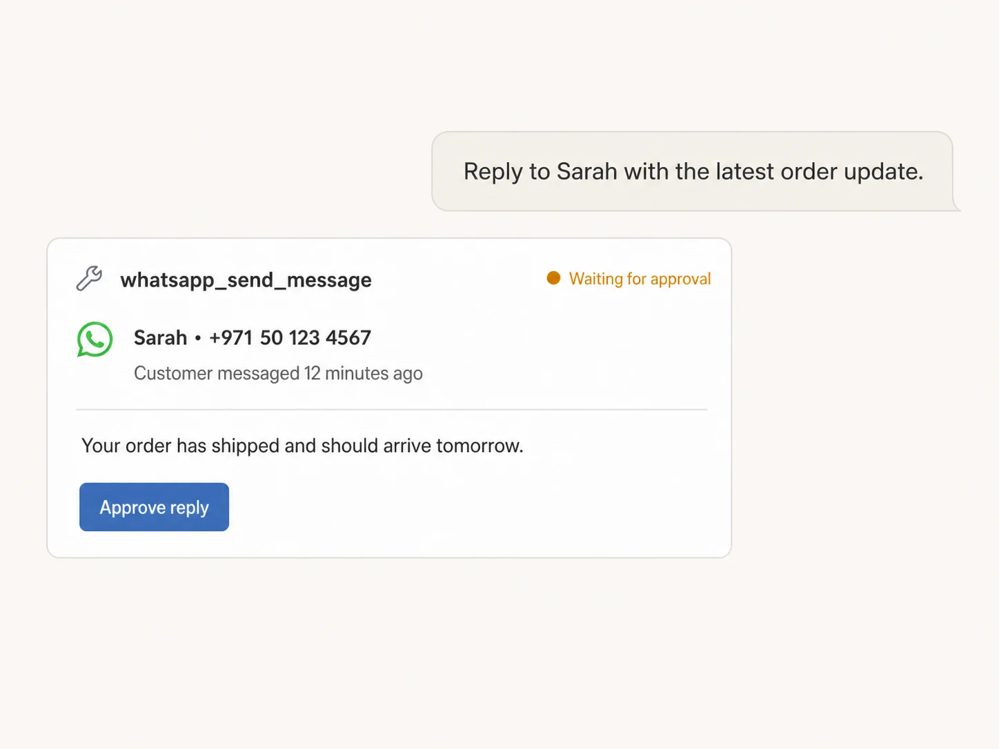 Claude preparing a WhatsApp reply inside the 24-hour messaging window