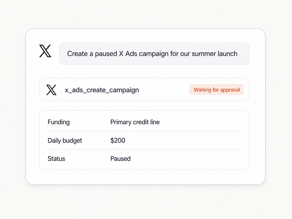 A paused X Ads campaign drafted in an AI assistant and waiting for approval