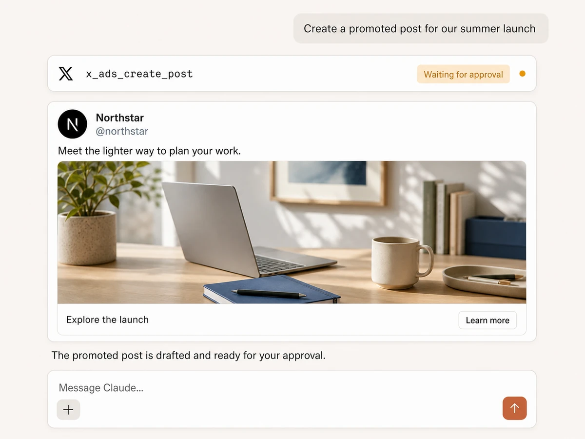An X promoted post with a lifestyle image drafted inside an AI assistant and waiting for approval