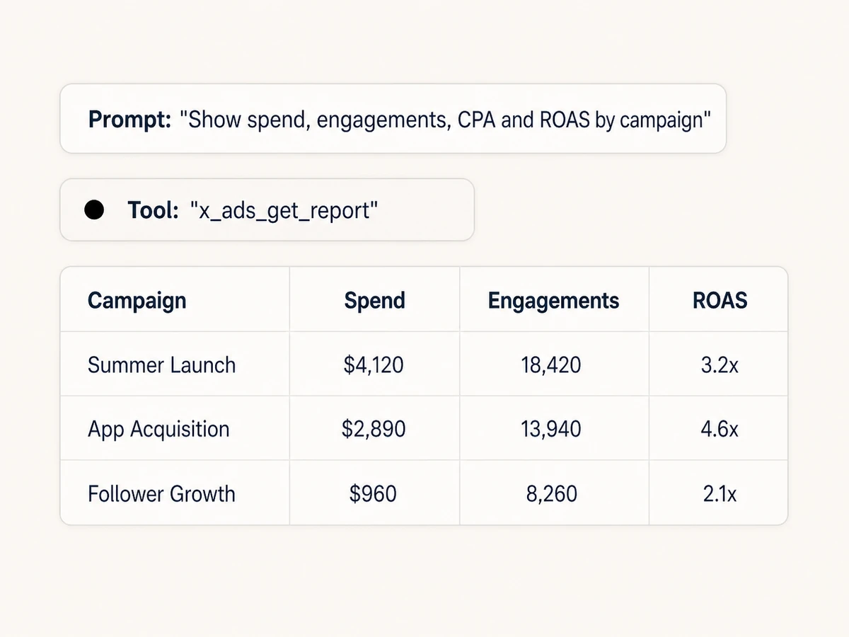 X Ads campaign report with spend, engagements, CPA, and ROAS inside an AI assistant